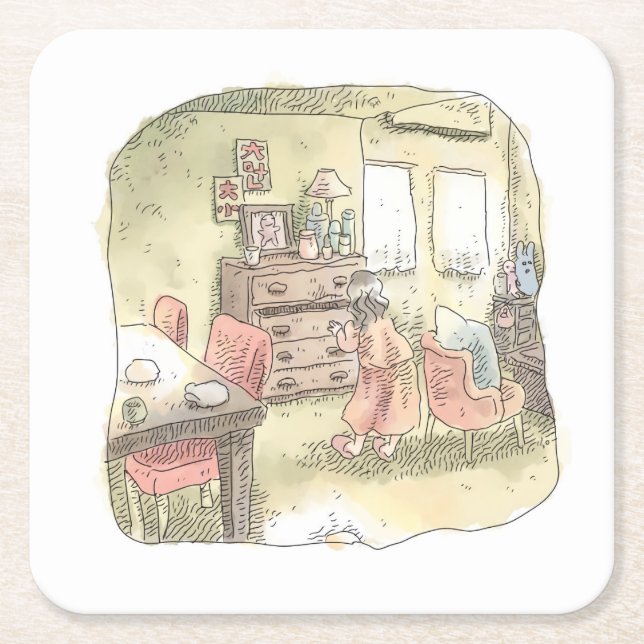 an illustration of a woman who opens a drawer of a square paper coaster (Front)