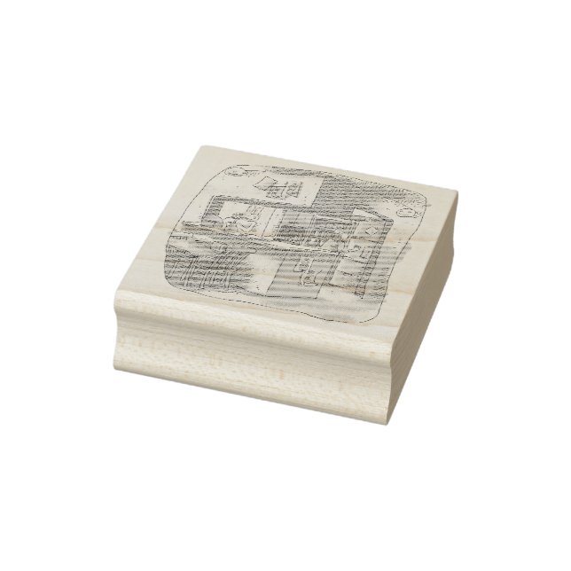 an illustration of a woman's back trying to open a rubber stamp (Stamp)