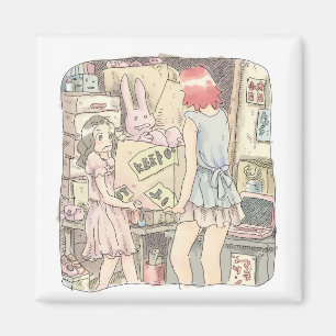 an illustration of two women carrying a cardboard magnet
