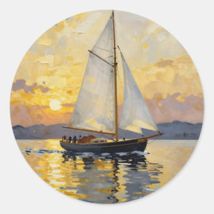An Impasto Illustration of a Sailboat at Sunset Classic Round Sticker