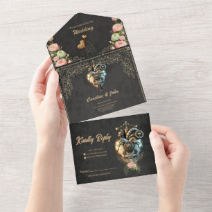 An impressive steampunk heart  all in one invitation