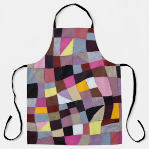 An irregular grid painting, with violets and yello apron