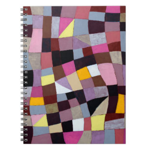 An irregular grid painting, with violets and yello notebook