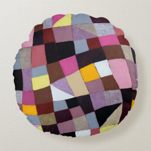 An irregular grid painting, with violets and yello round cushion