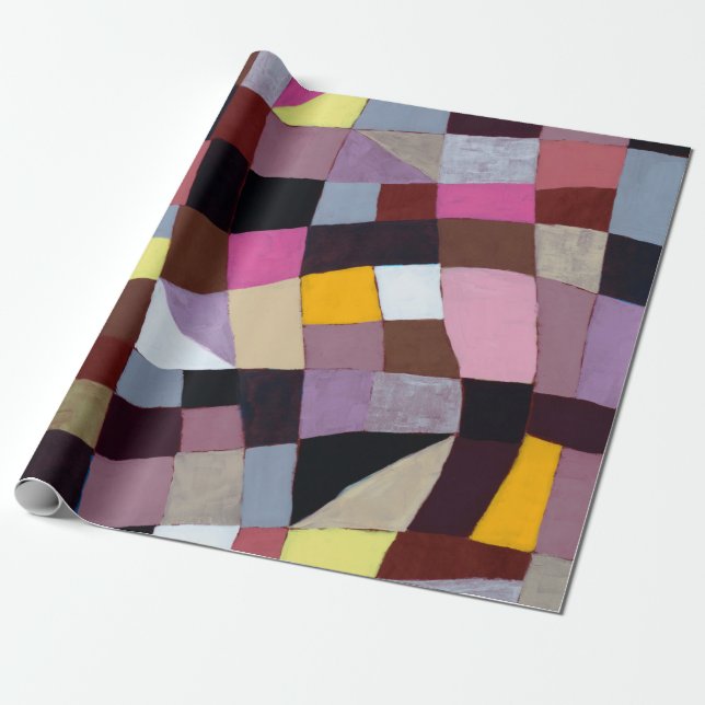 An irregular grid painting, with violets and yello wrapping paper (Unrolled)