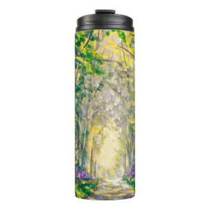 An oil painting on canvas of a seasonal landscape thermal tumbler