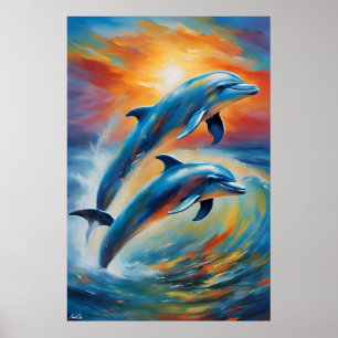 An oil painting style portrait poster of dolphins
