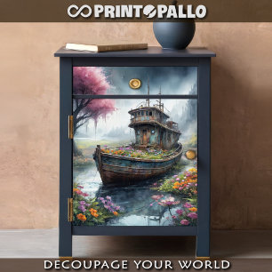 An old fishing boat abandoned in a blooming swamp tissue paper