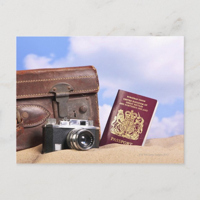 An old leather suitcase, retro camera and postcard (Front)
