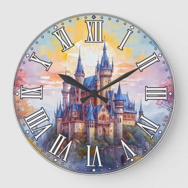 An old magical castle in the morning mist large clock (Front)