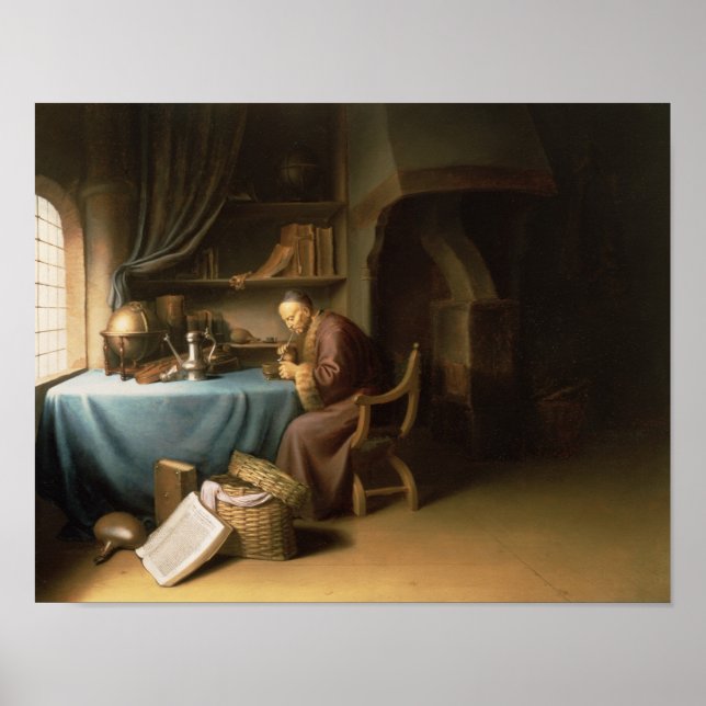 An Old Man Lighting his Pipe in a Study Poster (Front)