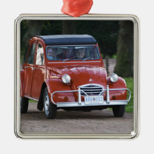 An old red Citroen 2CV car with a smiling woman Metal Tree Decoration