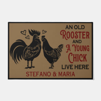 An Old Rooster And A Young Chick Live Here  Doormat