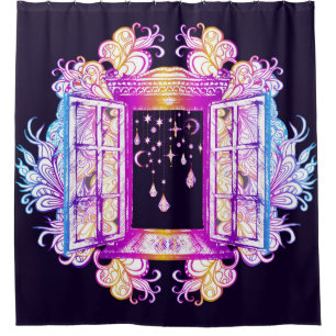 An open vintage window with pendants against a bac shower curtain