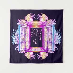 An open vintage window with pendants against a bac tapestry