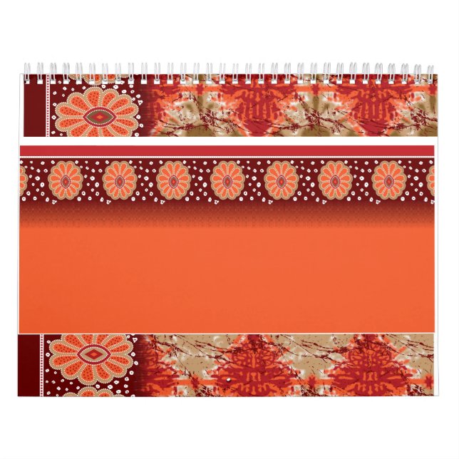 An orange and brown patterned fabric featuring a v calendar (Cover)