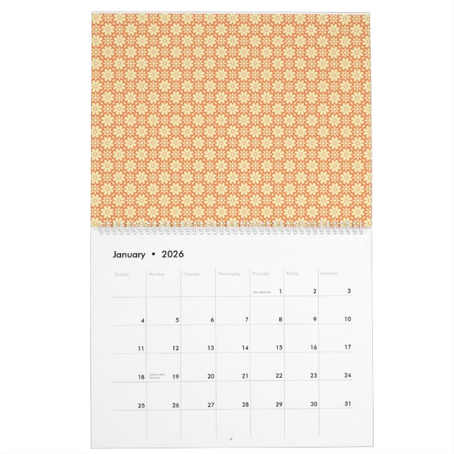 an orange and white background with a pattern calendar (Jan 2026)