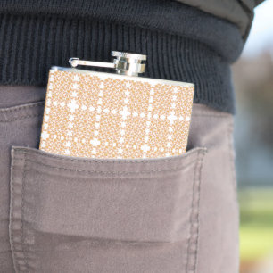 an orange and white wallpaper with a floral design hip flask