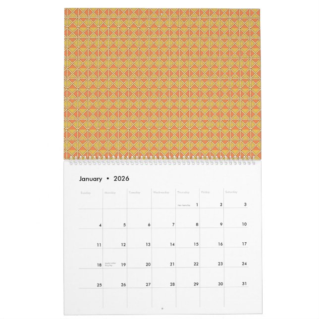 an orange and yellow background with a pattern calendar (Jan 2026)