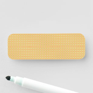 an orange and yellow background with circles name tag