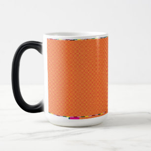 an orange and yellow background with small squares magic mug