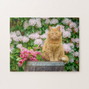 An Orange Cat in a Garden with Pink Spring Flowers Jigsaw Puzzle