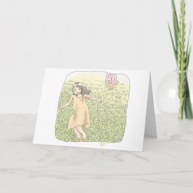 an orange dress woman who runs away from rabbits c thank you card (Front)