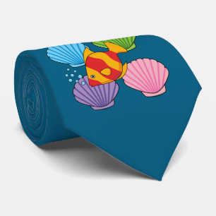 An Orange Tropical Fish and Pastel Colorful Shells Tie