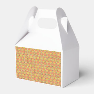 An orange, yellow, and brown symmetrical pattern w favour box