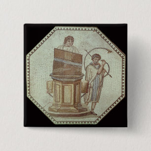 An organist and a horn player entertain 15 cm square badge