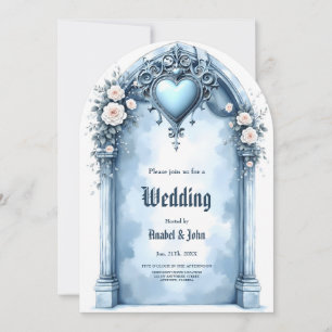 An ornate light blue archway with floral accents, invitation