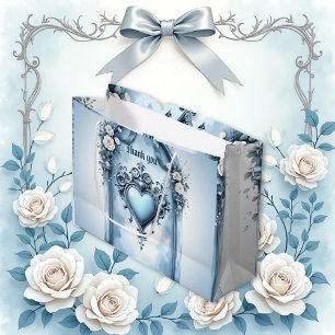 An ornate light blue archway with floral accents, large gift bag