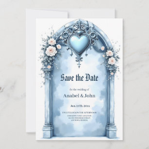 An ornate light blue archway with floral accents, save the date