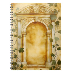 An ornate stone arch in an antique style,  notebook