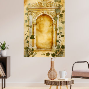 An ornate stone arch in an antique style,  poster
