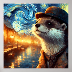 An Otter in The Starry Night Poster