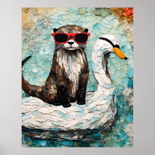 An otter on Vacation on a Floating swan Poster