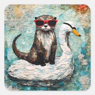An otter on Vacation on a Floating swan Square Sticker