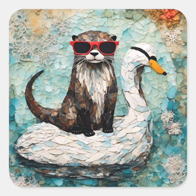 An otter on Vacation on a Floating swan Square Sticker (Front)