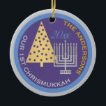 An Our 1st Chrismukkah Photo Tree Menorah Keepsake Ceramic Tree Decoration<br><div class="desc">Personalise this fun OUR 1ST CHRISMUKKAH ornament for a one of a kind family keepsake. From the simple gold Christmas tree to the silver Hanukkah menorah, this blue and purple ornament will commemorate your first blended holiday. Upload your photo on the reverse side and add your name and the year...</div>