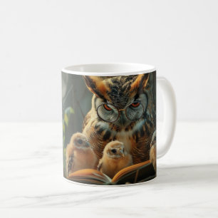 An owl reading a book to little chicks coffee mug