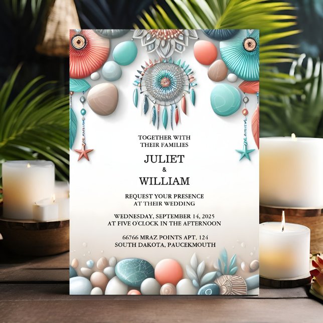 An Tribal Aqua Sand Work Stacked Sea Glass Wedding Invitation (Creator Uploaded)
