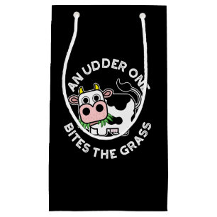 An Udder One Bites The Grass Funny Cow Pun Dark BG Small Gift Bag