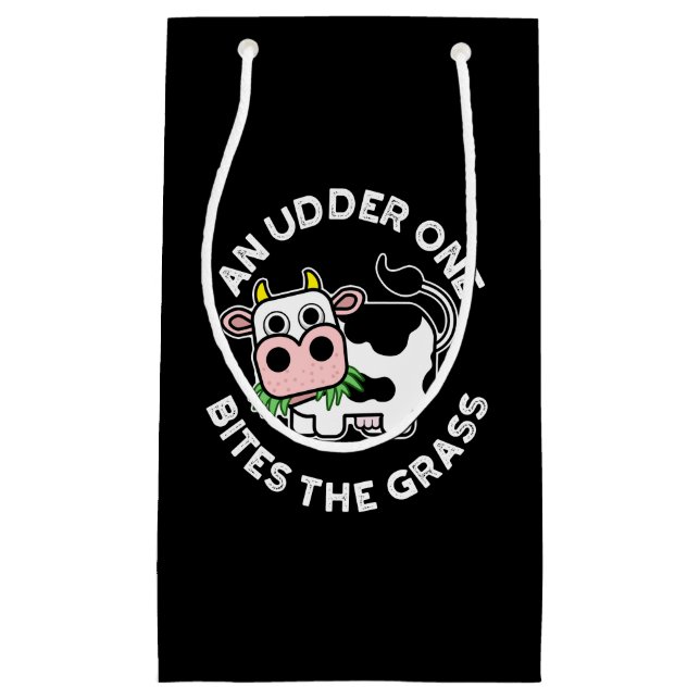 An Udder One Bites The Grass Funny Cow Pun Dark BG Small Gift Bag (Front)