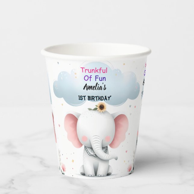 An Wood White Elephant Birthday First 1st Birthday Paper Cups (Front)