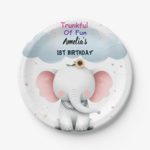 An Wood White Elephant Birthday First 1st Birthday Paper Plate