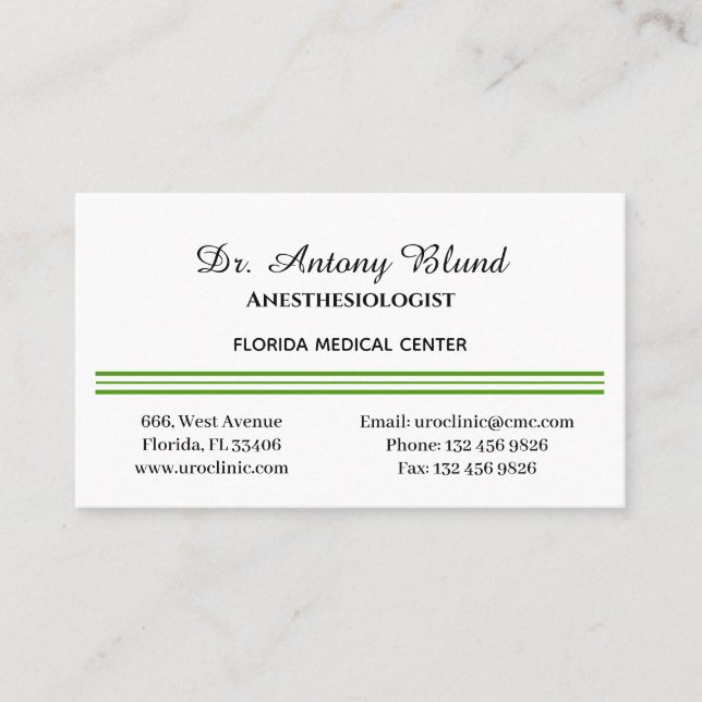 Anaesthesiologist Simple Green Business Card (Front)