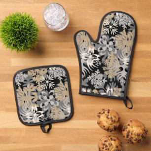 Anahola Bay Hawaiian Abstract Floral Neutral Oven Mitt & Pot Holder Set