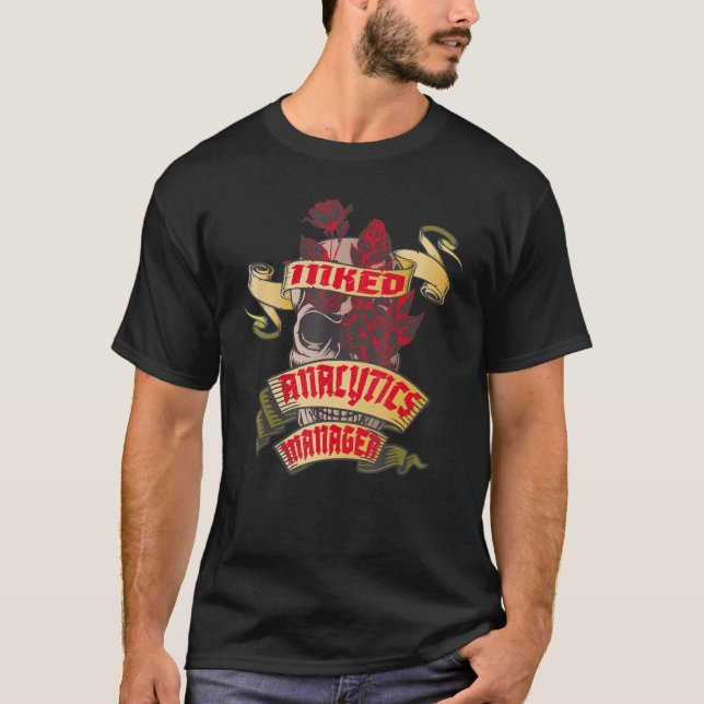 Analytics Manager Inked Skull & Red Roses Tattoo T-Shirt (Front)