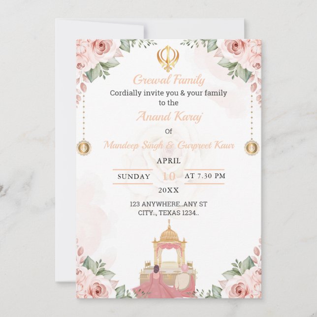 Anand Karaj Wedding Invitation card, Sikh Wedding  (Front)